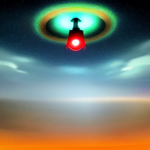 Image similar to digital art painting of a UFO glowing with red green and blue lights above an empty corn field at night, mysterious, sci fi, alien, extraterrestrial, trending on artstation cgsociety,