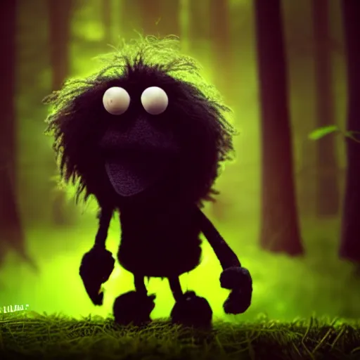 Prompt: focus portrait of dark angry muppet in night, dark forest background, bokeh, octane render