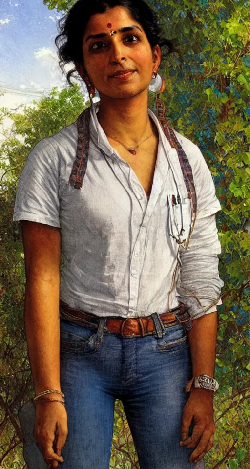 Image similar to close up a beautiful Indian doctor wearing jeans and a shirt in Texas in 2022, sun shining, photo realistic illustration by greg rutkowski, thomas kindkade, alphonse mucha, loish, norman rockwell.