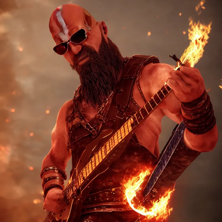 Prompt: sunglasses wearing kratos rocking out on a flaming stratocaster guitar, guitar, cinematic render, god of war 2 0 1 8, playstation studios official media, lightning, flames, red stripe, red stripe, clear, coherent, guitar, guitar, guitar, guitar, trending on artstation