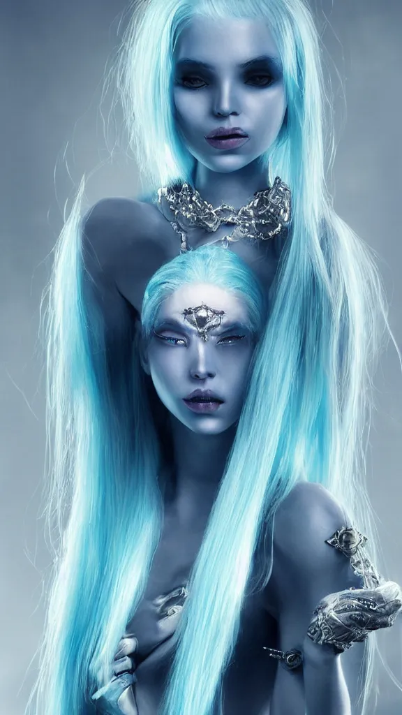 Prompt: blue alien woman, with white hair, silver jewellery, beautiful, elegant, sci-fi, fantasy, like sakimichan