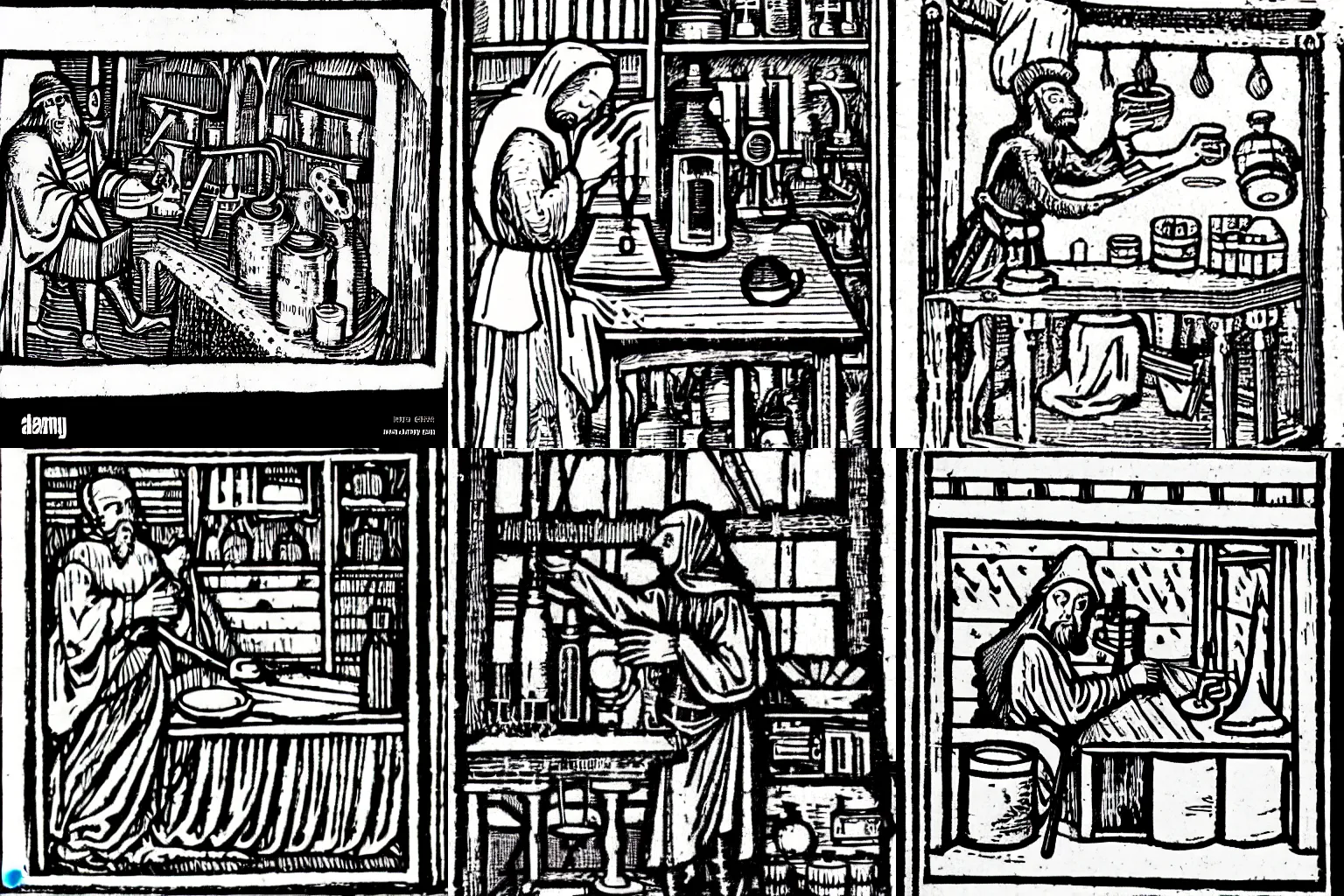 Prompt: medieval woodcut of an alchemist in his lab