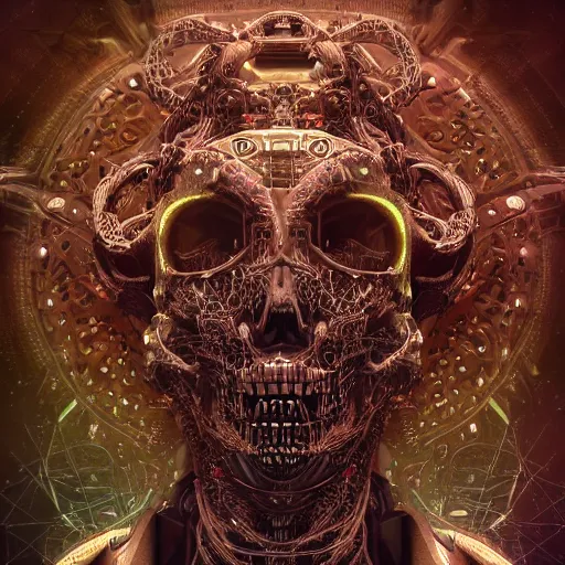 Prompt: cybernetic deity with circuitry structure skull and networked mind tripping on acid, intricate detail, lovecraft, royo, whealan, giger, klimt, hd, octane render, unreal engine,