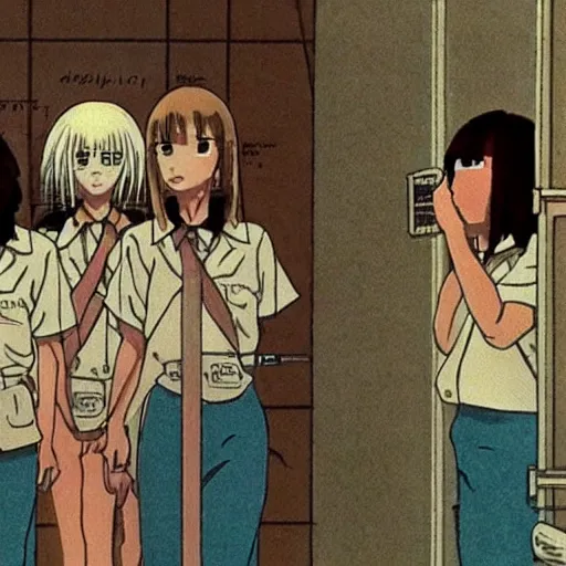 Image similar to screenshot from guro anime, 8 0's horror anime, yellowed grainy vhs footage with noise, four schoolgirls trapped in a bathroom, bathroom stalls and sinks and tiled floor, girls are in beige sailor school uniforms, one girl has white hair, detailed expressive faces, various hair colors and styles, in the style of studio ghibli,