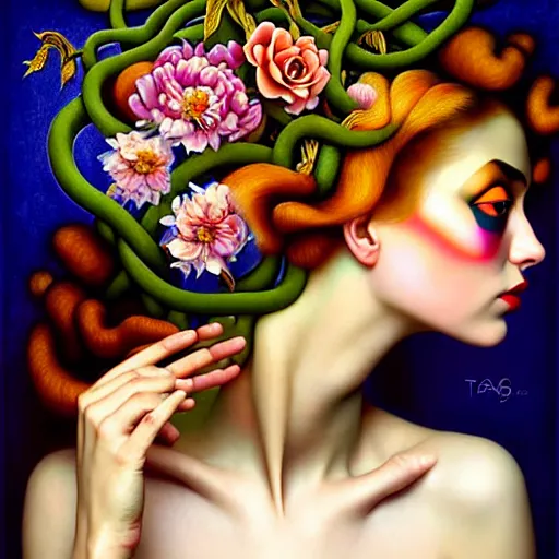 Image similar to dynamic composition, a painting of woman with hair of ( summer flowers )!! and vines wearing ornate earrings, ornate gilded details, a surrealist painting by tom bagshaw and jacek yerga and tamara de lempicka and jesse king, featured on cgsociety, pop surrealism, surrealist, dramatic lighting, wiccan, pre - raphaelite