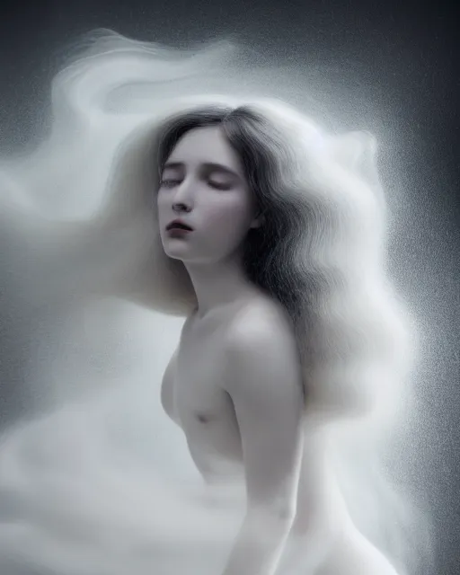 Image similar to monochrome, soft, dreamy, subsurface scattering, white, young beautiful goddess in cosmos with very long white hair floating in air, fluid smoke art, black and white, octane render, dino valls, mark ryden, joe fenton, michal karcz, highly detailed, rim light, art, cinematic lighting, very coherent, hyper realism, 8 k