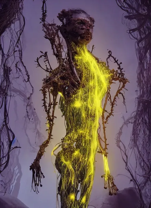 Prompt: masterpiece, emily ratajkowski , bones and veins, biopunk clothes, body horror, yellow glowing background, gustav dore, zdzislaw beksinksi, Ross Tran