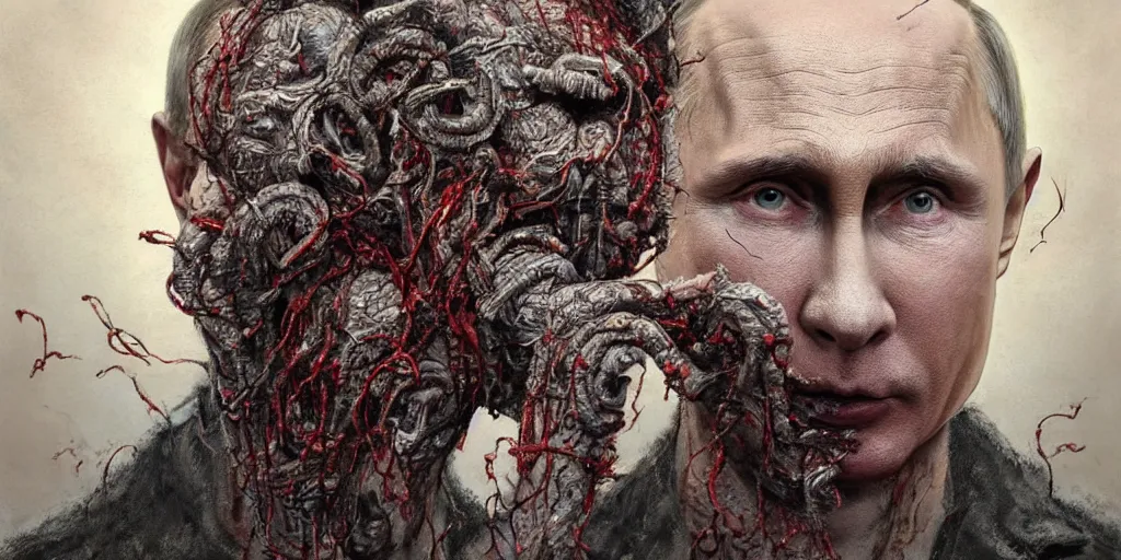 Image similar to highly detailed surreal portrait of vladimir putin's face is eaten by worms, in the background an army of zombies with their mouths sewn shut with wire in the shape of the letter z, style of greg rutkowski and ralph horsley, photorealistic, hyperdetailed, matt painting, digital art, non blurry, sharp, artstation, concept art, smooth, illustration