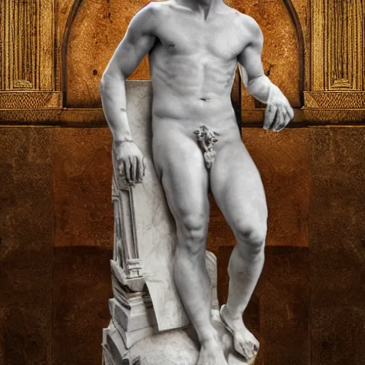 Image similar to rami malek as marble statue of ancient roman emperor, created by michelangelo, museum photoshot, 3 d photorealistic render, high resolution, 8 k