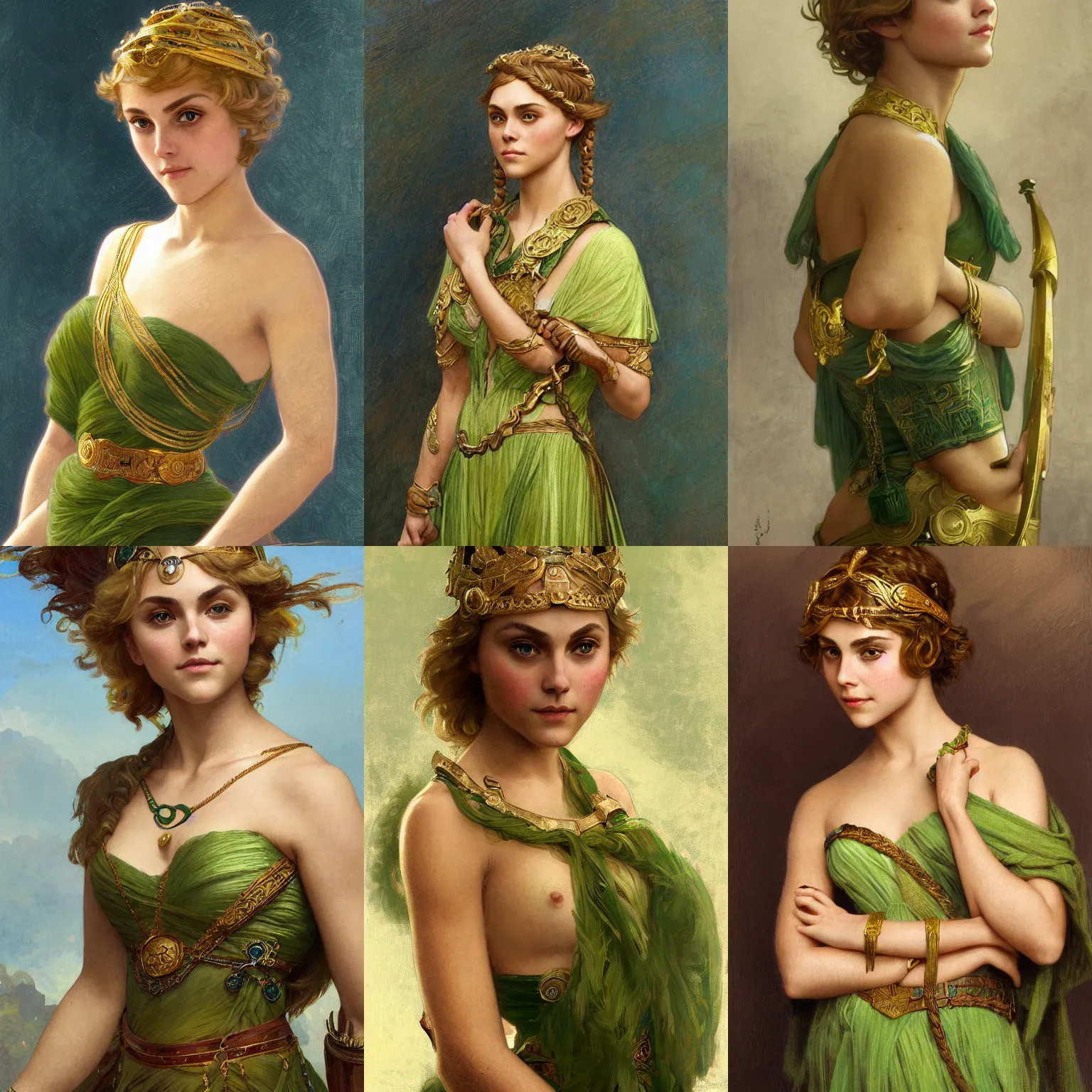 Prompt: portrait of Annasophia Robb as gaulish princess, olive skin, short blond haircut, beautiful, golden torc, green background, intricate, elegant, highly detailed, digital painting, artstation, concept art, sharp focus, illustration, art by greg rutkowski and alphonse mucha and bouguereau