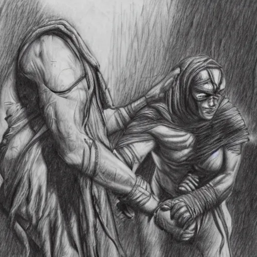 Image similar to The mummy touches the warrior's head , in jungle, pencil drawing