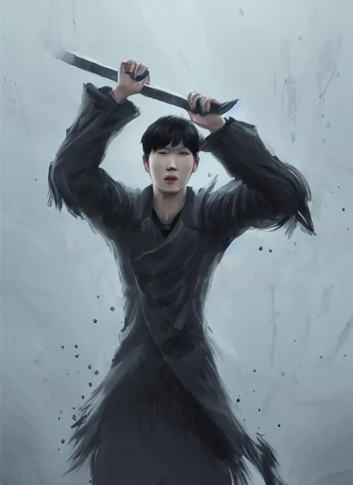 Image similar to a highly detailed illustration of korean man with bowl cut black hair wearing tie with giant black claws, wielding giant black fog claws pose, foggy black mist surrounding background, perfect face, intricate, elegant, highly detailed, centered, digital painting, artstation, concept art, smooth, sharp focus, league of legends concept art, wlop.