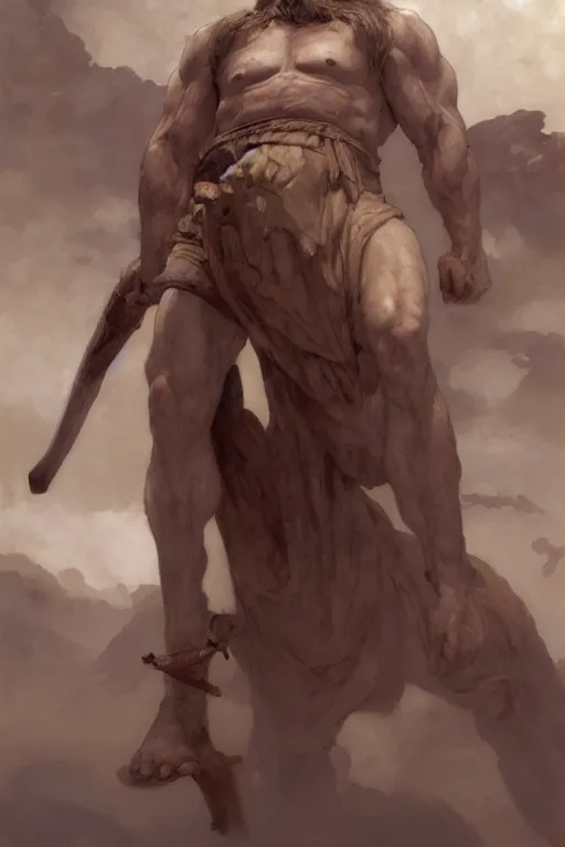 Prompt: ancient historically accurate depiction of the Bible Character Goliath of Gath, the Philistine warrior giant by frank miller, illustration by Ruan Jia and Mandy Jurgens and William-Adolphe Bouguereau, Artgerm, 4k, digital art, surreal, space dandy style, highly detailed, godsend, artstation, digital painting, concept art, smooth, sharp focus, illustration by Ruan Jia and Mandy Jurgens and William-Adolphe Bouguereau, Artgerm
