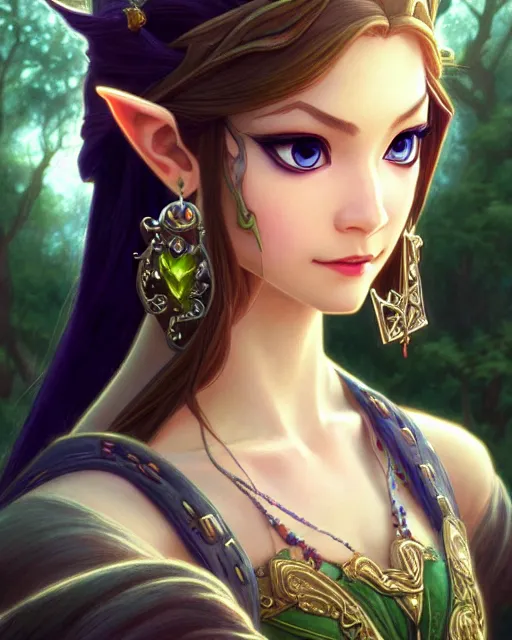 Prompt: portrait of disney zelda twilight princess, intricate, elegant, highly detailed, my rendition, digital painting, artstation, concept art, smooth, sharp focus, illustration, art by artgerm and greg rutkowski and alphonse mucha and uang guangjian and gil elvgren and sachin teng and wlop, symmetry!!