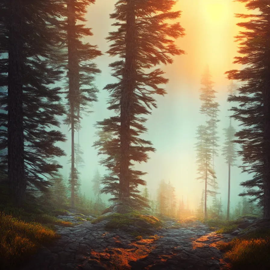 Image similar to abstract hyperrealist artwork of a single path leading down the horizon through giant pine forests down a rocky mountain coast towards a majestic sunset. atmospheric foggy landscape, soft tones, psychedelic, ultra realistic, concept art, modern art, photorealistic, octane render.