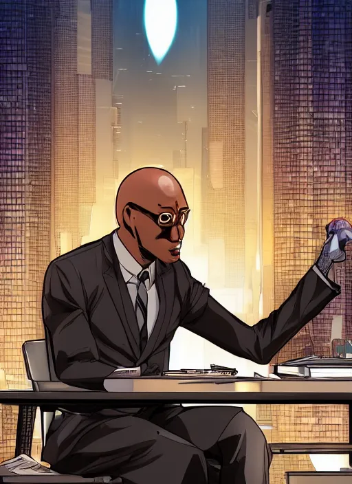 Prompt: manga cover, bald african-american man sitting at his desk, business suit, intricate cyberpunk city, emotional lighting, character illustration by tatsuki fujimoto