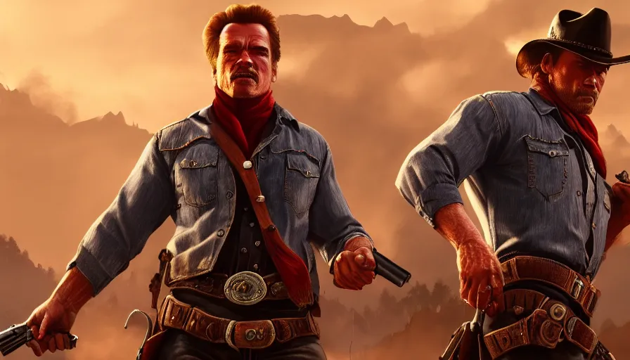 Image similar to Arnold Schwarzenegger is Arthur Morgan in Red Dead Redemption 2, hyperdetailed, artstation, cgsociety, 8k