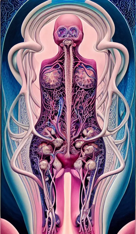 Image similar to a biomorphic painting of the high priestess tarot card, a anatomical medical illustration by nychos and alex grey, cgsociety, neo - figurative, pastel blues and pinks, detailed painting, rococo, oil on canvas, lovecraftian