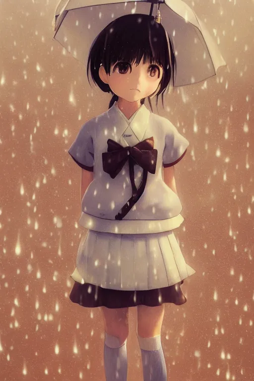 Prompt: art by hayao miyazaki, by hiro kiyohara 3d octane render portrait a stern schoolgirl in Japanese maid's clothes and long stockings sits on a wet Japanese street in the rain at night, trending on artstation, anime colors, polaroid, vintage, foggy, volumetric light, cinematic render, UE 4, RTX, oil painting