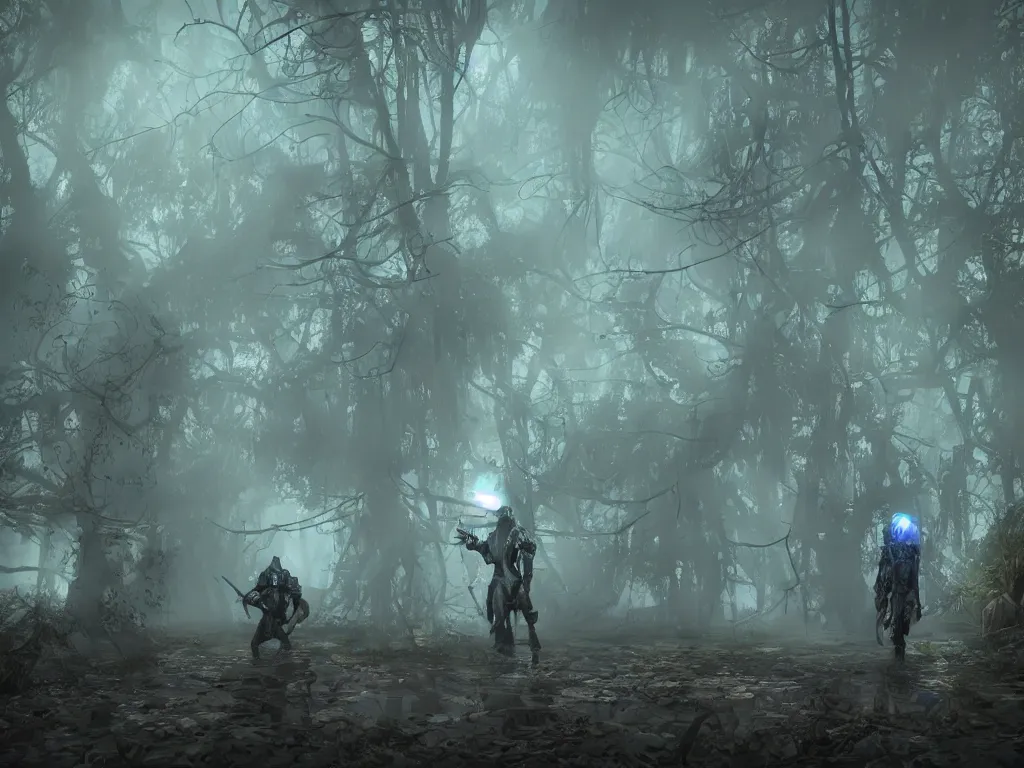 Prompt: a mystical misty swamps a renaissance style soldiers unit in blue hoods with diesel punk-style exoskeletons, armed with edged weapons, battles werewolves. Volumetric lighting bioluminescence, plasma, neon, brimming with energy, electricity, power, Colorful Sci-Fi Steampunk diesel punk Biological Living, cel-shaded, depth, particles, lots of reflective surfaces, subsurface scattering