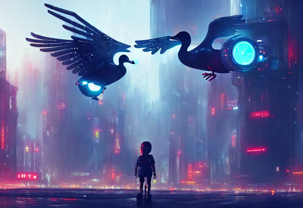 Prompt: giant cute duck!! with cybernetic wings in dystopian cyberpunk city, digital art, photorealistic render, octane, artstation