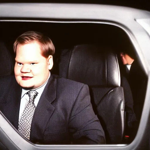 Image similar to 1 9 9 8 andy richter wearing a black wool coat and necktie in his car driving through the streets of chicago at night, pov back seat of car, cozy atmosphere