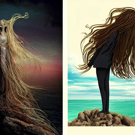 Image similar to A beautiful collage of a human-like creature with long, stringy hair. The figure has no eyes, only a mouth with long, sharp teeth. The creature is standing on a cliff overlooking a dark, foreboding sea. anime, formicapunk by John Anster Fitzgerald, by Storm Thorgerson lavish