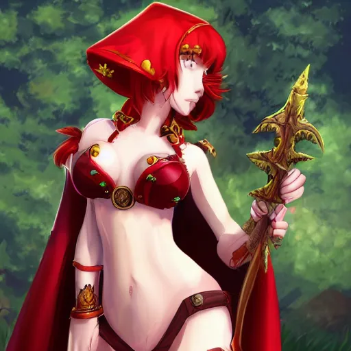 Image similar to natalie from epic battle fantasy, redhead, cartoony, priestess, red robes, highly detailed, fanart