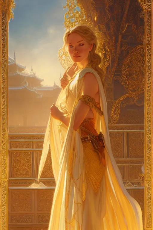 Prompt: painting of eowyn in front of the golden palace, decorated, intricate, elegant, highly detailed, digital painting, artstation, concept art, smooth, sharp focus, illustration, art by artgerm and greg rutkowski and alphonse mucha, 8 k