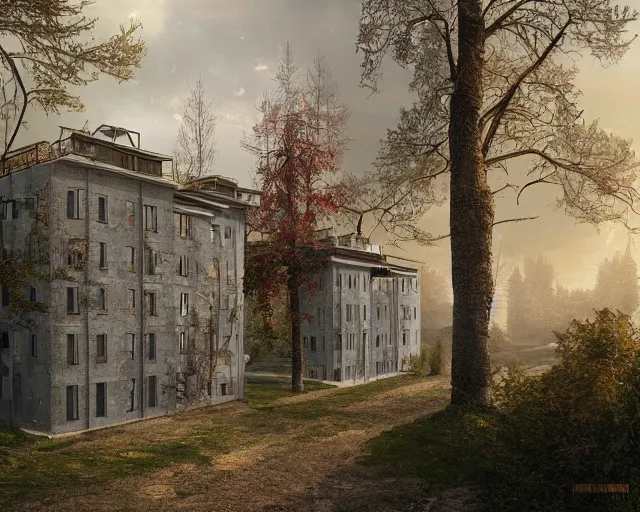 Prompt: beautiful matte painting of cute soviet block of flats hrushevka in end of forest by stephan koldi,