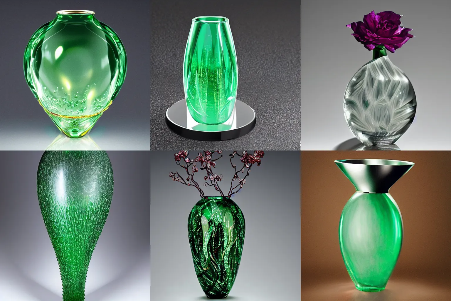 Prompt: a beautiful vase created using nanotechnology, design by hr geiger, emerald, ruby, precious metal,