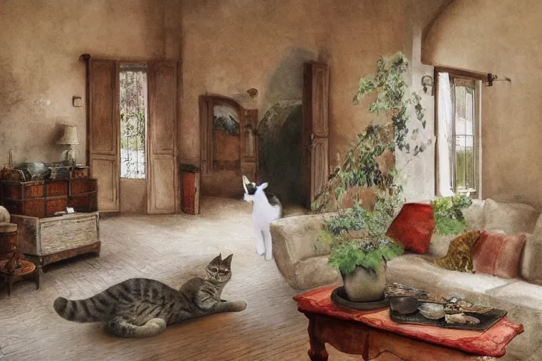 Prompt: Photo of Funny singular cat jumps in provence style living room, photorealism,