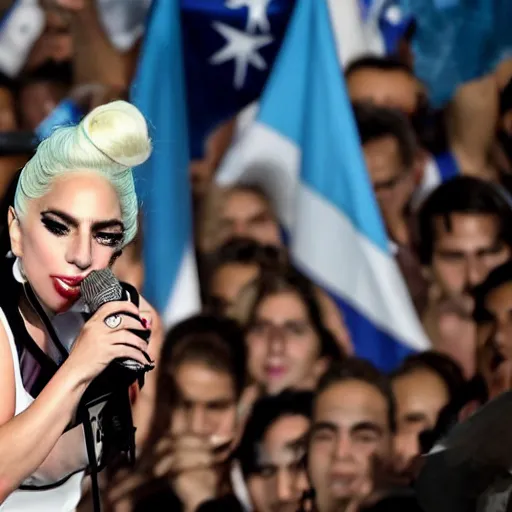 Image similar to Lady Gaga as president, Argentina presidential rally, Argentine flags behind, bokeh, giving a speech, detailed face, Argentina