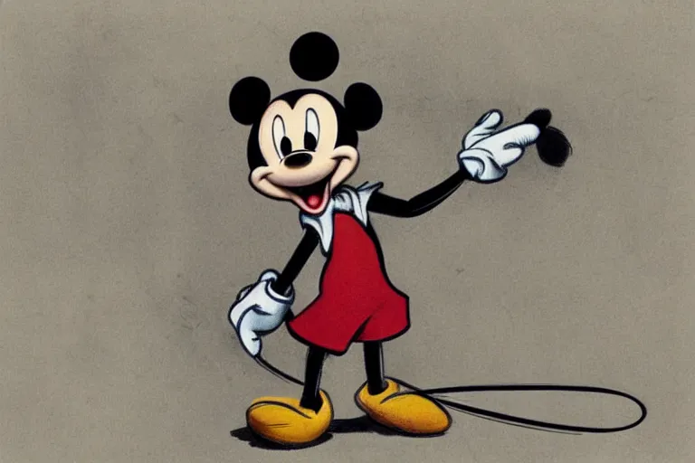 Image similar to courtroom sketch of vintage disney character mickey mouse presenting evidence of copyright infringement before the judge serious dark tone