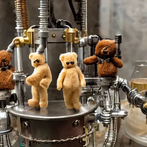 Image similar to photo of teddy bears mixing sparkling chemicals as mad scientists in a steampunk style