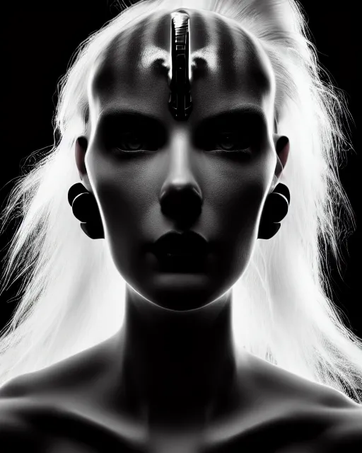 Image similar to surreal mythical dreamy dark artistic black and white fine art 3 / 4 portrait photo of a young delicate female mutant - cyborg with long pale feathers, rim light, cinematic, studio dramatic light, poetic, octane render, 8 k, photo - realistic