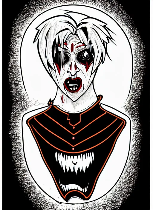 Image similar to bored male vampire, symmetrical face, creepy halloween theme, color illustration line art style