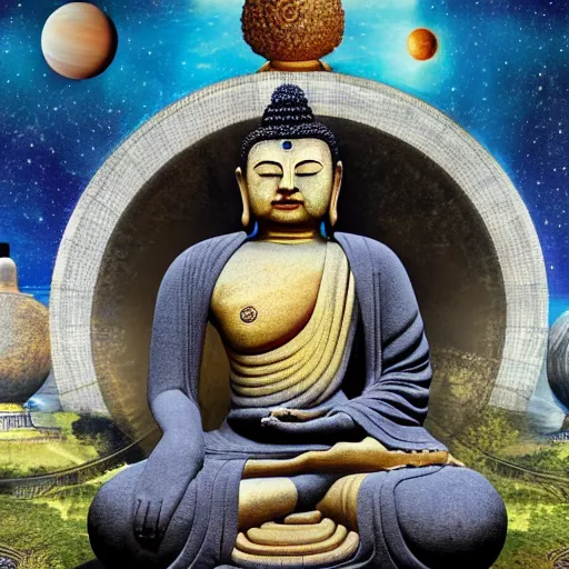 Prompt: all of the planets revolving around a giant Buddha, beautiful, oil on canvas, intricate, 8k highly professionally detailed, HDR, CGsociety