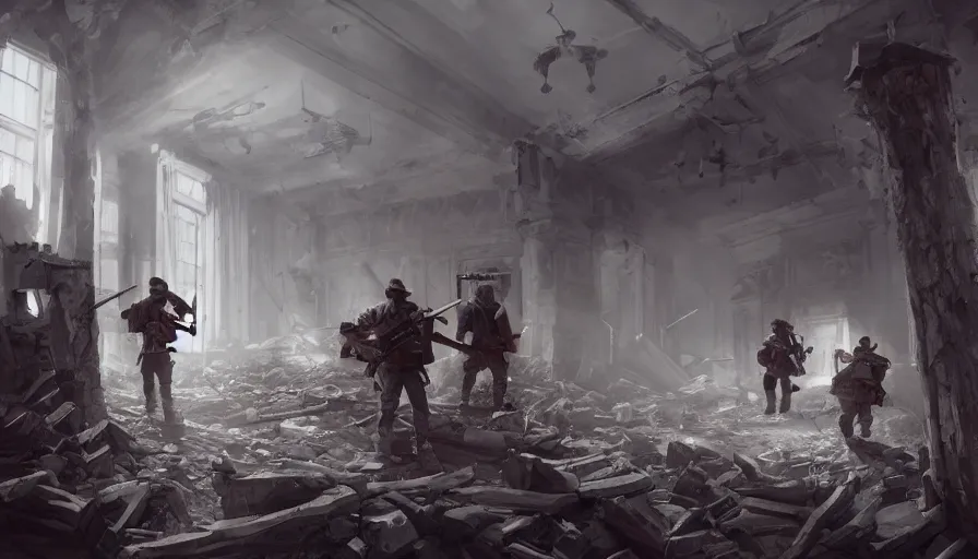 Prompt: lumberjack and soldiers with shotgun and rifles exploring destroyed white house, cloudy day, light through windows, hyperdetailed, artstation, cgsociety, 8 k