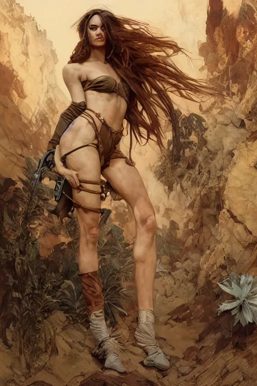 Image similar to a full body portrait of a beautiful post apocalyptic offworld desert savage rogue in ballet pose by the emerald oasis pools, intricate, elegant, highly detailed, digital painting, artstation, concept art, smooth, sharp focus, illustration, art by krenz cushart and artem demura and alphonse mucha