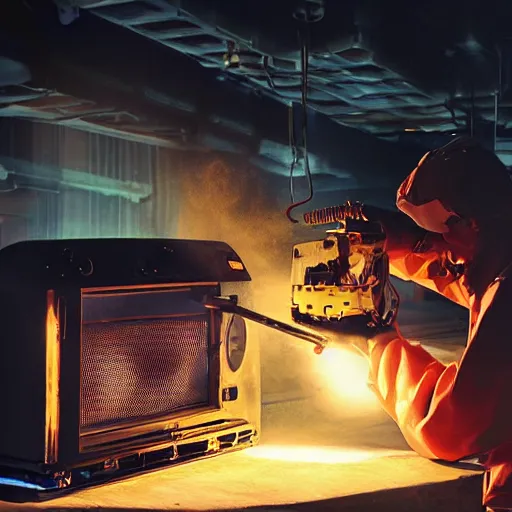 Image similar to technician repairing head of toaster oven mecha, dark messy smoke - filled cluttered workshop, dark, dramatic lighting, orange tint, cinematic, highly detailed, sci - fi, futuristic, movie still