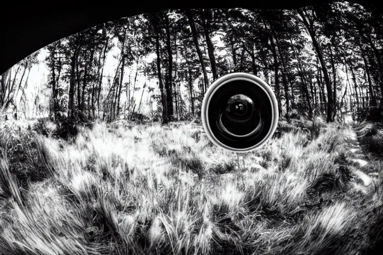 Prompt: fisheye view of a trail cam on an alien planet, a curious alien carnivore looking into the camera, black an white, infrared, 4k realistic