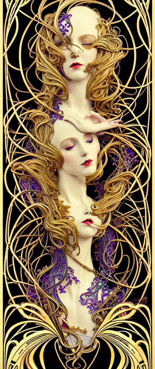 Prompt: the source of future growth dramatic, elaborate emotive Art Nouveau styles to emphasise beauty as a transcendental, seamless pattern, symmetrical, large motifs, hyper realistic, 8k image, 3D, supersharp,Art nouveau 3D curves and swirls, Glass and Gold pipes, photorealistic colorful flower bouquets silk ribbons and gold chains, iridescent and black and shiny gold colors , perfect symmetry, iridescent, High Definition, sci-fi, Octane render in Maya and Houdini, light, shadows, reflections, photorealistic, masterpiece, smooth gradients, no blur, sharp focus, photorealistic, insanely detailed and intricate, cinematic lighting, Octane render, epic scene, 8K