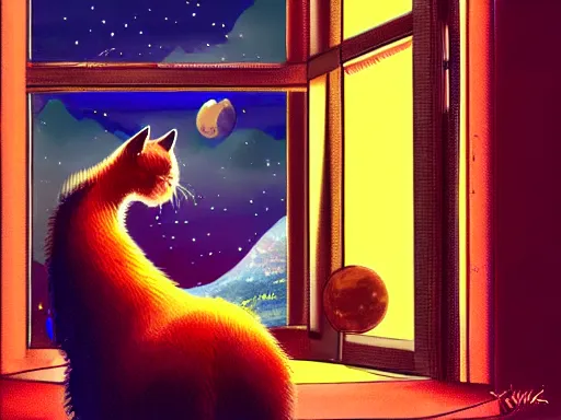 Image similar to cat from behind in space station watching the stars trough a large window, digital painting, dramatic lighting, highly detailed, artstation, concept art