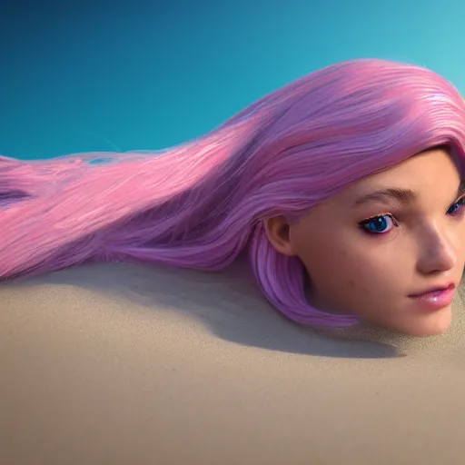 Prompt: Render of a beautiful 3d marbles with long pink hair, hazel eyes, cute freckles, full round face, golden hour, serene beach setting, medium shot, mid-shot, hyperdetailed, trending on Artstation, Unreal Engine 4k