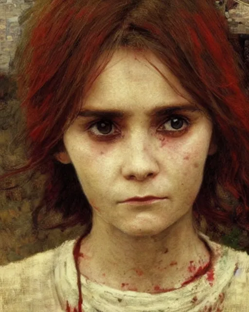 Image similar to a beautiful but sinister girl who looks like a young shirley henderson in dead space, with haunted eyes and crazy hair, horrifying, 1 9 7 0 s, seventies, delicate embellishments, a little blood, crimson, painterly, offset printing technique, by jules bastien - lepage