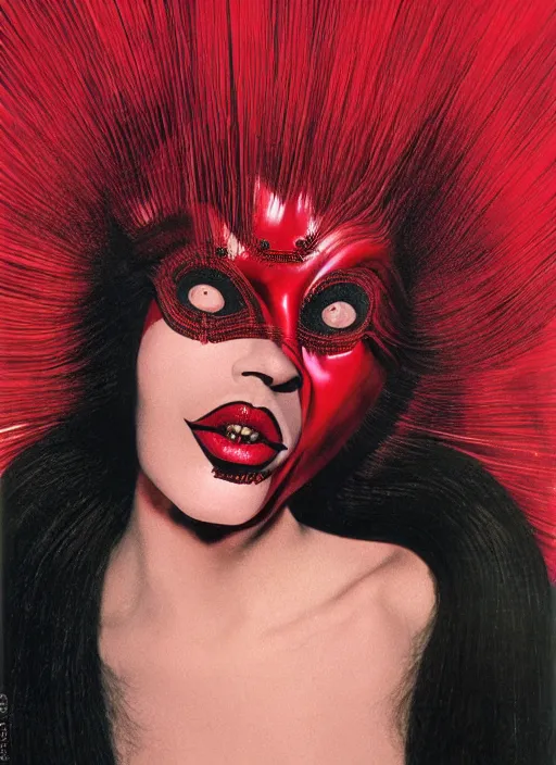 Image similar to an 8 0 s portrait of a woman with dark eye - shadow and red lips with dark slicked back hair, a mask made of wire and beads, dreaming acid - fueled hallucinations by serge lutens, rolf armstrong, delphin enjolras, peter elson, red cloth background