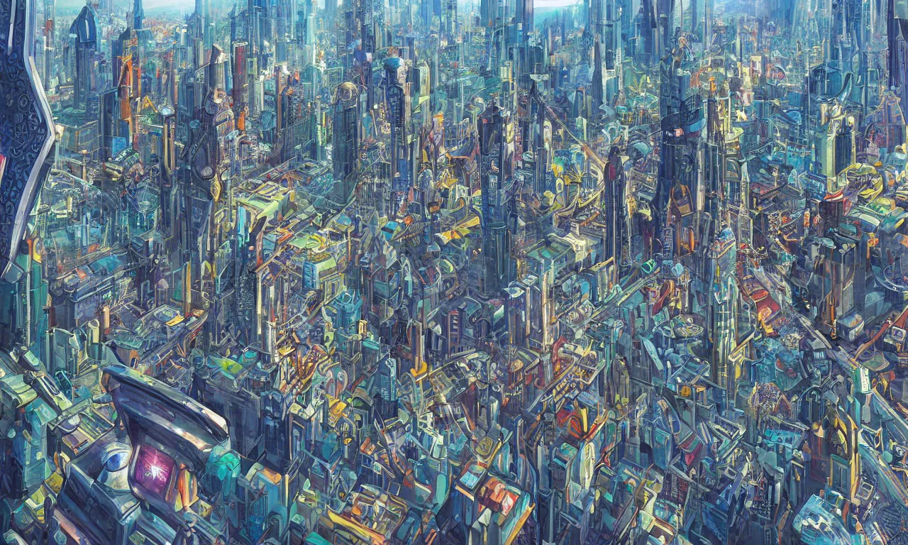 Prompt: futuristic city, illustration painting, oil on canvas, intricate, hd, digital art, overdetailed art, complementing colors, detailed, illustration painting by alex gray, digital art, moebius