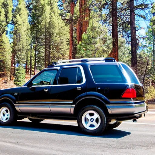 Image similar to 1998 black Ford Explorer, car photography, taken in big bear lake California