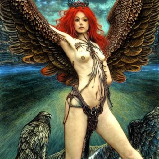 Image similar to a flying harpy with huge eagle wings, d & d, fantasy, luis royo, magali villeneuve, donato giancola, wlop, krenz cushart, hans zatka, klimt, alphonse mucha